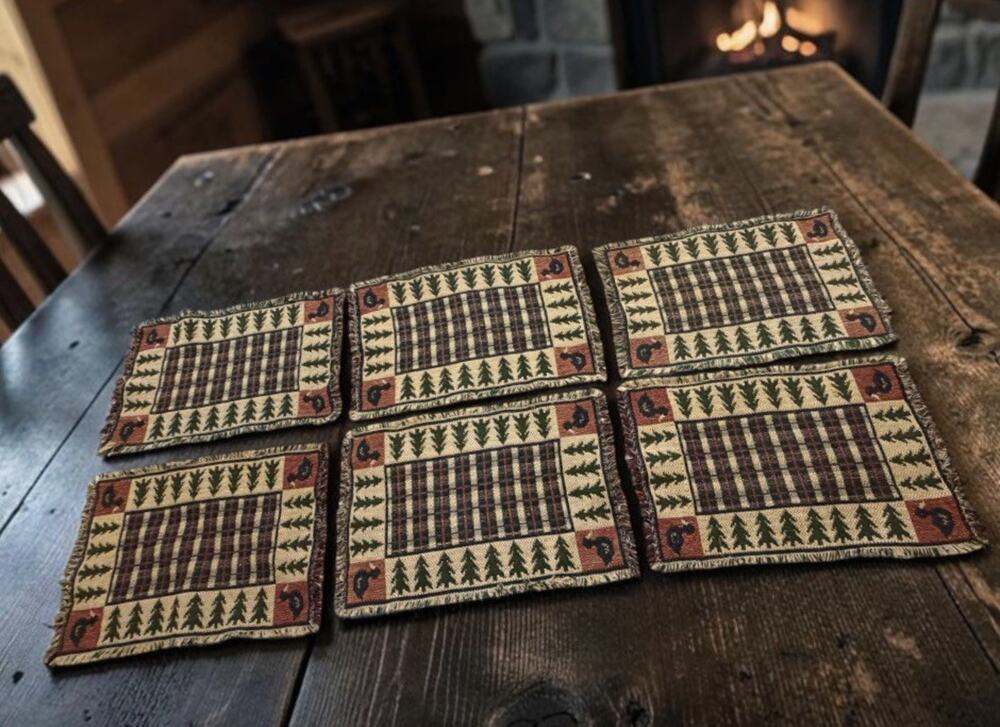Vintage Placemats SET Of 6 Trees Ducks CABIN Fringe Reversible 3250/20